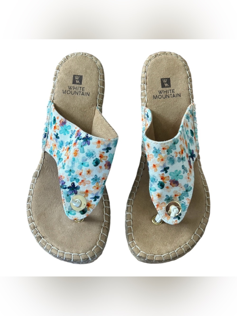 White Mountain Floral Espadrille Wedge Thong Sandals Boho Summer Comfort Size 7